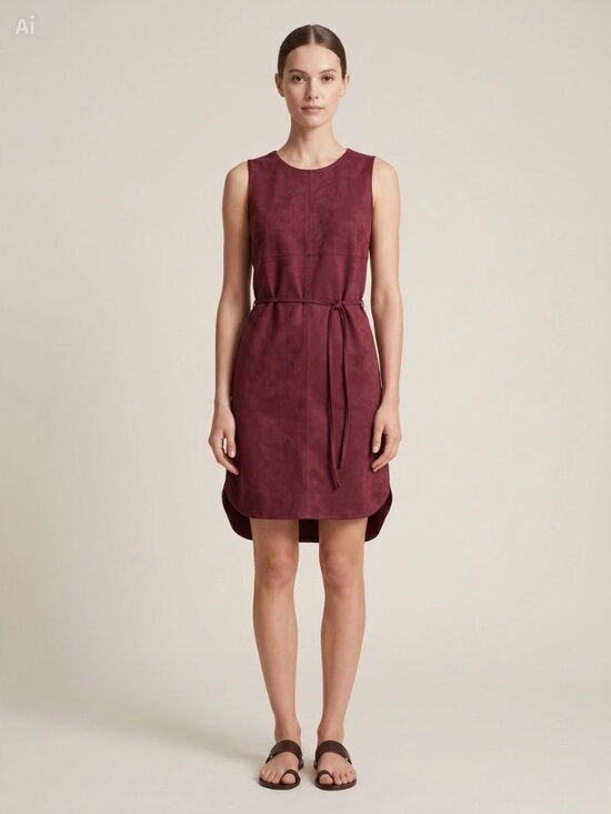 Only Dresses & Skirts - ONLY Burgundy Faux Suede Sleeveless Tie Waist Curved Hem Dress
